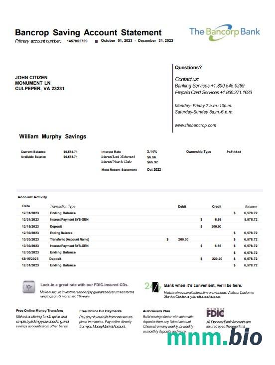 USA Bancorp Bank dowód adresu szablon oświadczenia w formacie Word i PDF
